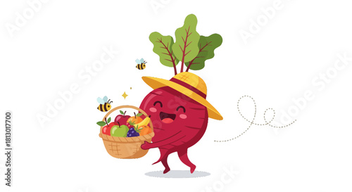 Joyful Beet Character With Basket of Fruits, Attractively Designed Illustration