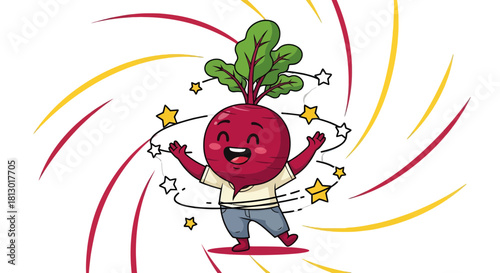 Joyful Beetroot Character Embraces Cheer Amid Starlit Swirls Against Black Backdrop