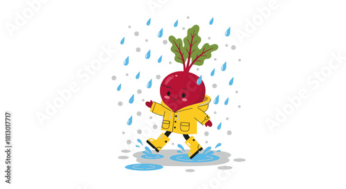 Joyful Beetroot Character Enjoying Rainy Day Weather With Yellow Raincoat and Boots