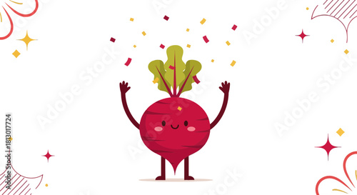 Joyful Beetroot Character Celebrating With Confetti and Festive Decorations Illustration