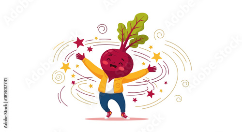 Joyful Beetroot Character with Arms Open Embracing Stars and Swirls on Black Background