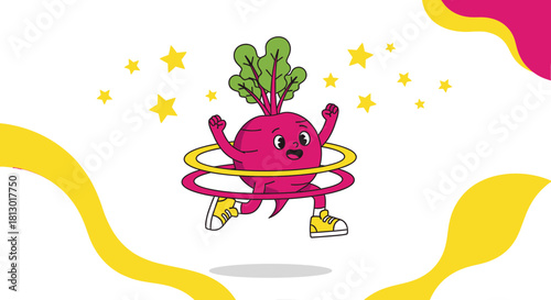 Joyful Beetroot Character with Hula Hoop and Starry Background Fun Illustration