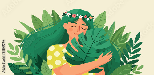 Embrace Nature A Woman's Gentle Hug to the Lush Greenery, Symbolizing Harmony and Environmental Care