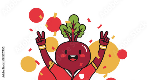 Joyful Beetroot Mascot Celebrating With Victory Signs Amidst Festive Confetti