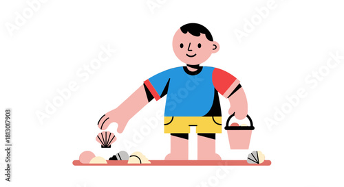 Joyful Boy Gathering Shells At The Beach In Playful Summer Illustration