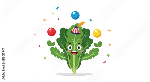 Joyful Cabbage Character Juggling Colorful Balls with Celebration Confetti on Black Backdrop