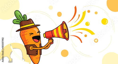 Joyful Carrot Character Announcing With Megaphone Against Dark Artistic Background