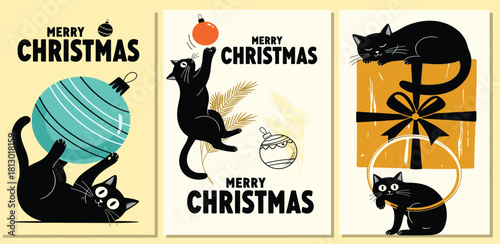 Playful black cats bring holiday cheer to festive Christmas celebrations, interacting with ornaments and gifts in whimsical illustrated scenes