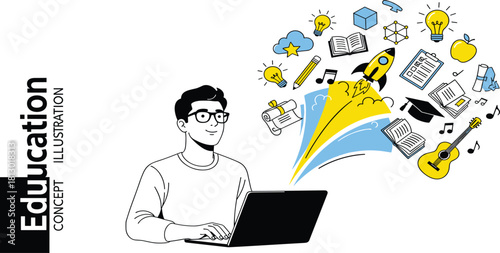 A student unleashes a world of knowledge and creative ideas from a laptop, symbolizing the power of online education and e-learning