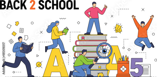 Colorful vector art depicting students eagerly engaging with educational items like books and alphabet, symbolizing the exciting return to school and the start of a new academic journey