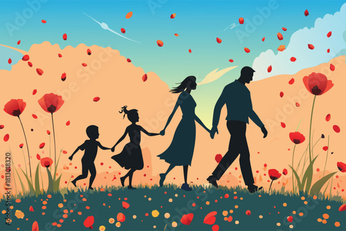Family silhouettes walking hand in hand through a vibrant poppy field, creating a sense of love, unity, and connection amid nature's beauty