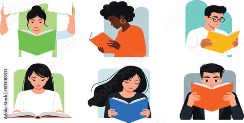 Diverse Group of People Engaged in Reading Books with Various Cover Colors, Sharing a Passion for Knowledge