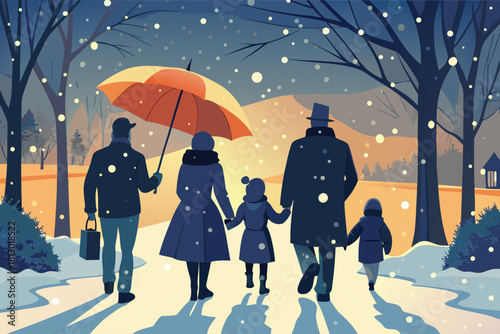 Family stroll through snowy landscape with umbrella, creating cherished winter memories and evoking feelings of warmth, love, and togetherness