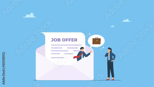 Businessman on email envelope offer new job to candidate. Job offer or new opportunity, career promotion or decision to change to new office, employment or recruitment, vacancy or hiring.