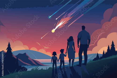 Family watches stunning meteor shower together over peaceful lake landscape, creating unforgettable memories under magical night sky in nature setting