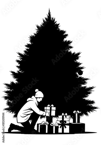 Silhouette of a person placing Christmas gifts under a tree.