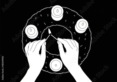Hands using a lit match to light a candle on a traditional Christmas Advent wreath.