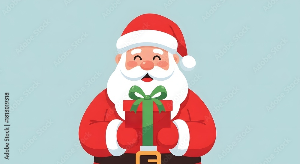 Obraz premium Cartoon illustration of Santa Claus smiling and holding a beautifully wrapped green Christmas gift.