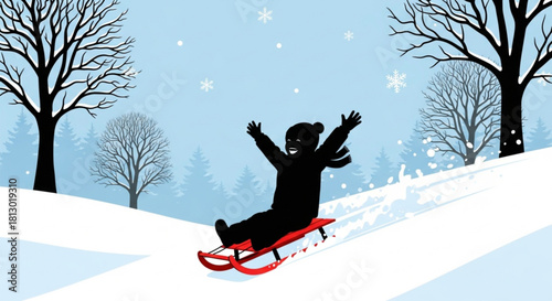 Silhouette of a joyful person sledding down a snowy hill.