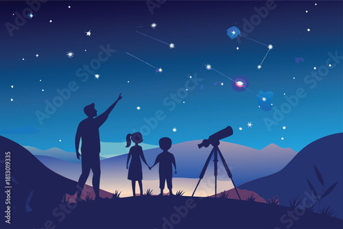 Magical stargazing adventure with family under a vibrant night sky filled with constellations and wonder using a telescope for celestial exploration