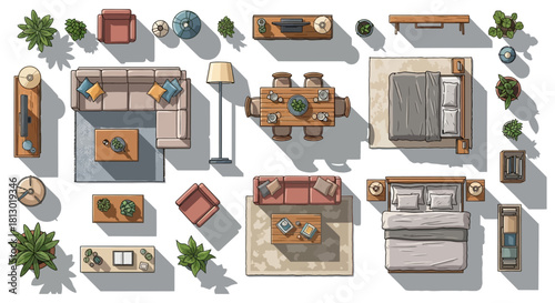 hand drawn top view furniture arrangement illustration for interior design and architectural floor plan concepts ideal for home renovation
