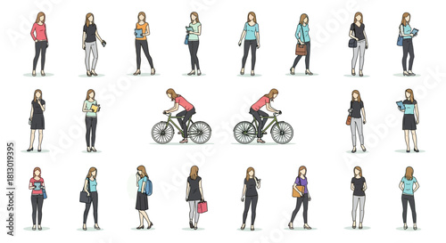 hand drawn women figures in various everyday poses and activities isolated on white illustrating modern lifestyle concepts.