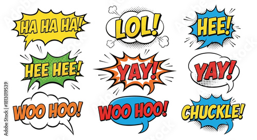 Comic speech bubbles set with expressions like ha ha ha lol hee yay woo hoo and chuckle