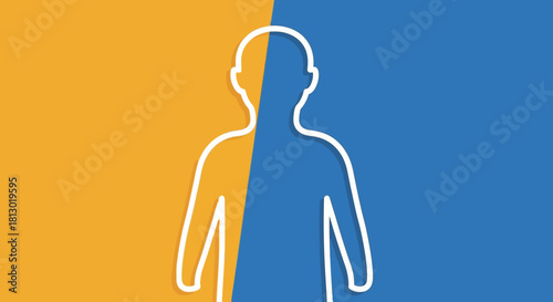 human silhouette with a clean white outline against a contrasting orange and blue background symbolizing duality and choice.