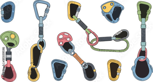 Colorful Climbing Gear Carabiners and Helmets on White Background