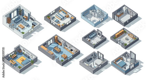 isometric apartment and room layouts illustrating modern and contemporary interior designs with furniture perfect for real estate architectural and home planning.