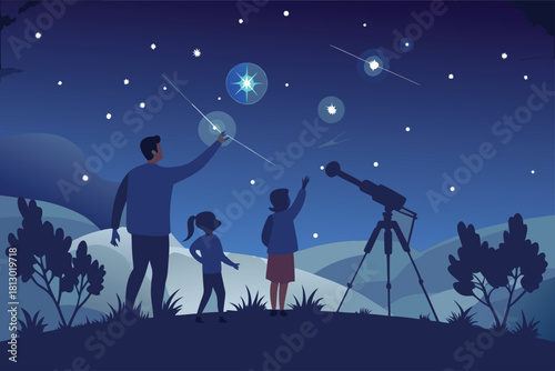 Delightful family stargazing with telescope under magical night sky, bonding over celestial wonders, creating cherished memories together