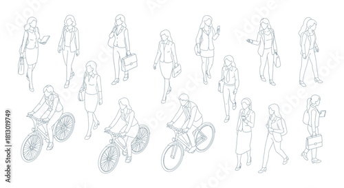 isometric line art business people men and women walking standing cycling in professional attire illustrating a modern urban workforce.