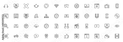Online Streaming icon set. Thin line vector icons pak. Includes symbols for vieo player, play button, wii, download, web browser, onitor, camera and more.