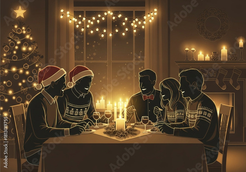 Silhouette of a family enjoying a festive Christmas dinner by candlelight.