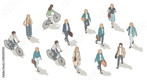 isometric people illustration featuring men and women walking and cycling depicting daily routines and active urban lifestyle concepts.