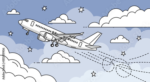 line art illustration of a passenger airplane flying in a starry sky with clouds depicting aviation and travel ideal for flight visuals.