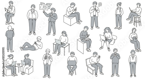 line art illustrations of diverse individuals using digital devices including smartphones laptops and tablets for modern connectivity and communication.