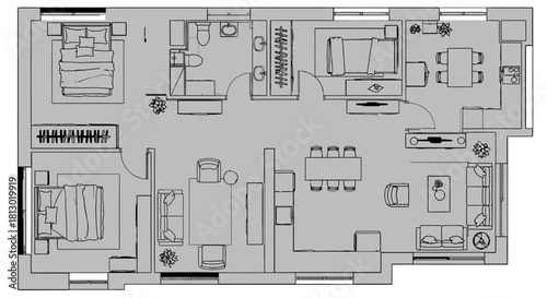 modern apartment floor plan detailing furniture layout for multiple rooms ideal for interior design and architectural visuals.