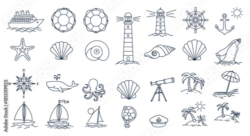 line art nautical travel icons ships marine life lighthouses beach items for summer vacation and maritime themes.
