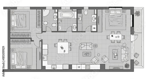 modern apartment floor plan illustrating complete interior layout with detailed furniture for architectural and real estate needs.