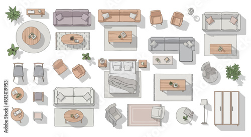 modern furniture and home decor elements top view for interior design layouts architectural floor plans and planning.