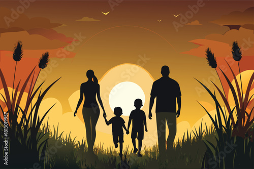 Family walking together into a beautiful sunset, creating cherished memories and togetherness during a golden hour adventure, perfect for lifestyle concepts