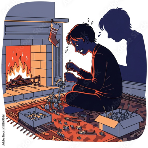 Anxious person under pressure struggling to assemble a complex model kit.