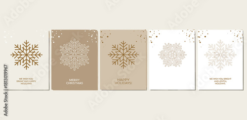 Elegant Golden Snowflake Christmas Card and Invitation Templates Set for Winter Holiday Greetings and Seasonal Celebrations, Customizable Vector Designs
