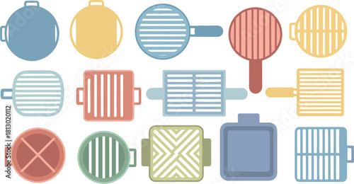 Colorful Grill Pans with Various Patterns on White Background