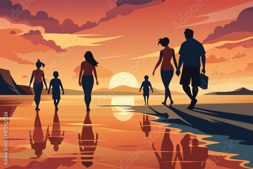 Beautiful family enjoying a vibrant sunset stroll on the beach together, creating lasting memories with love and happiness in silhouette against orange sky