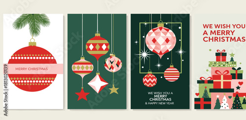 A vibrant collection of festive graphic icons representing the joy and spirit of the Christmas holiday season, featuring a gift, ornament, tree, and snowflake design