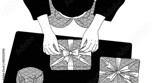 Monochrome illustration of a persons hands carefully tying a bow on a gift.