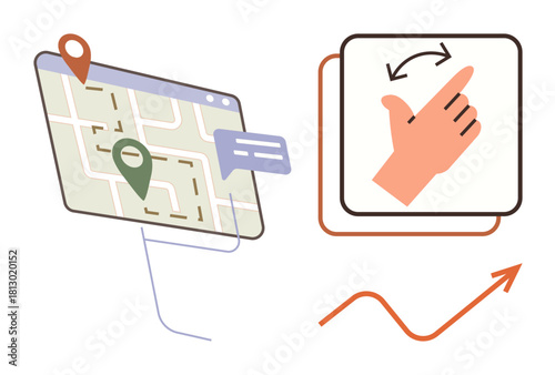 Map with location pins for navigation, hand gesture for interaction control, and an upward arrow for growth. Ideal for navigation, user interface, technology, wayfinding, interaction, innovation