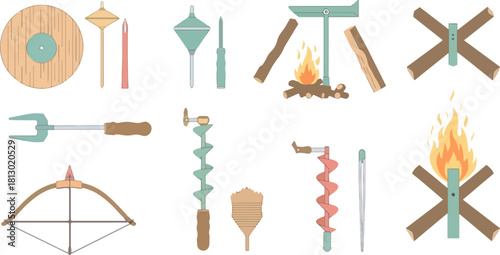Set of Camping and Fire Starting Tools in Flat Illustration